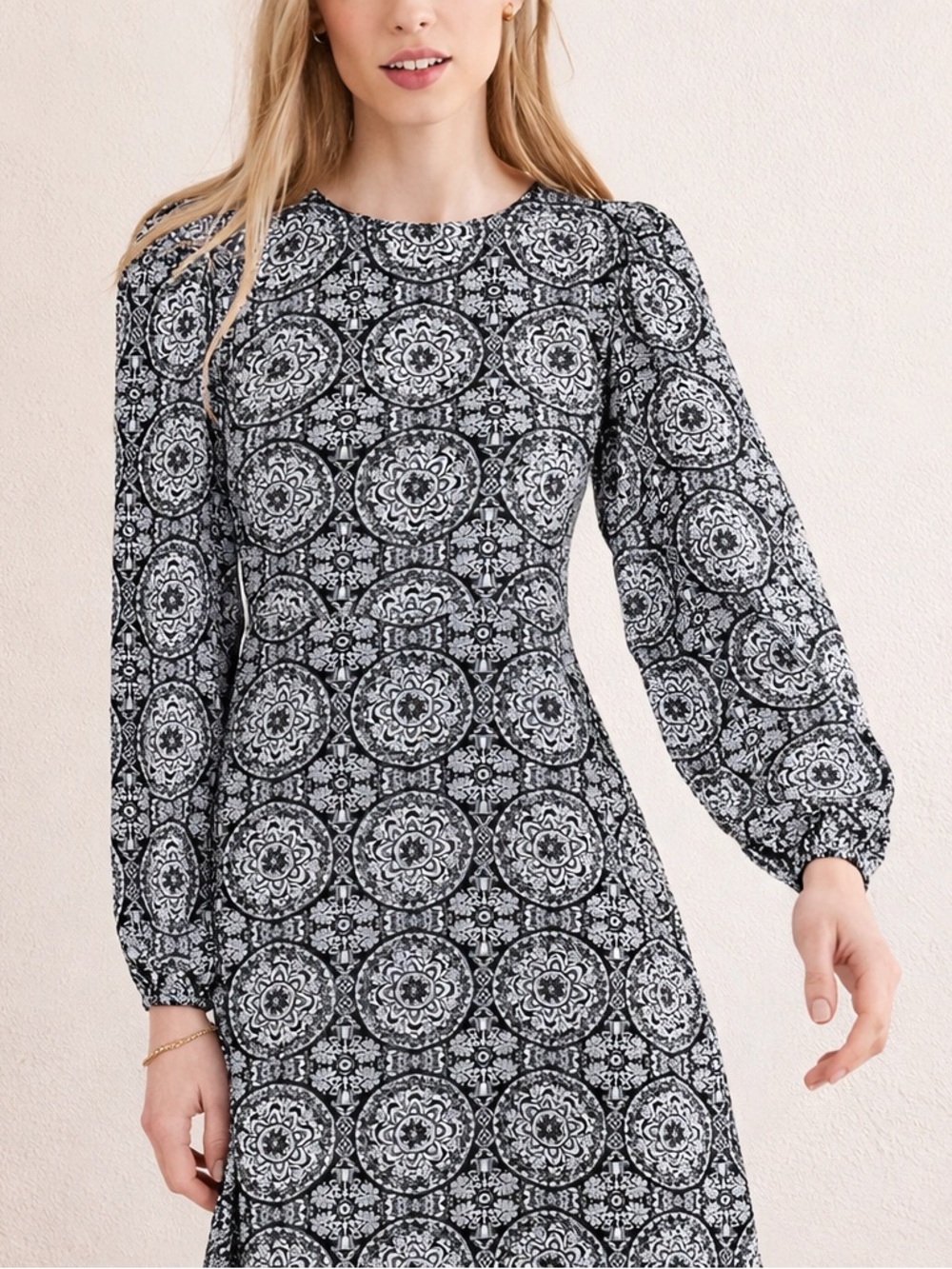 Boden Black, Grey & White Medallion Print Dress NWT | Long Sleeve Fit & Flare
